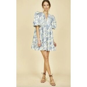 Hunter Bell Jenkins Gardenia Mini Dress Floral Blue and Beige Puff Sleeves Large